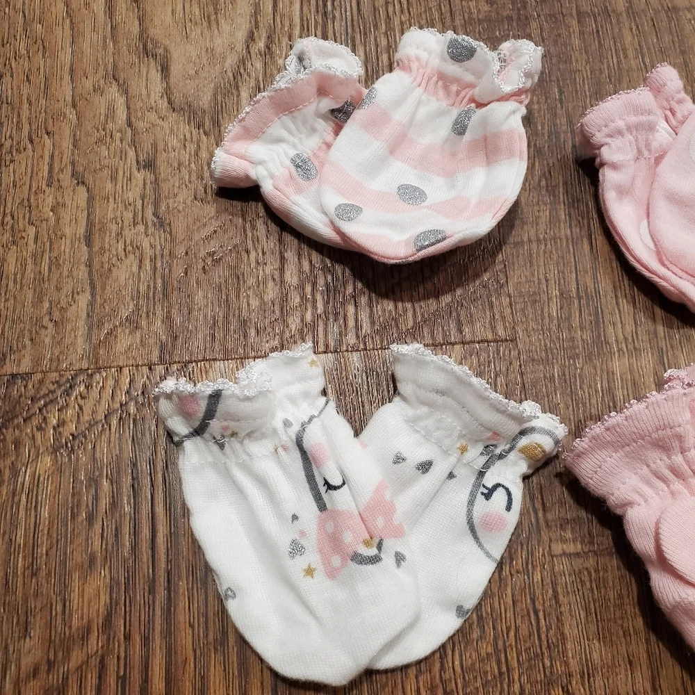 Gerber 4 Organic Cotton Baby Girl Mitts Mittens Pink Polka Dots Bunny Rabbits